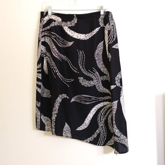 New Kenar 100% Silk Boho Faux Wrap Floral Asymmetry Skirt Black/Ivory  Size 12 - Picture 1 of 4